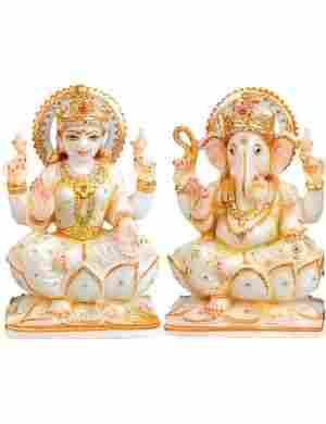 Goddess Laxmi And God Ganesha White Marble Statue
