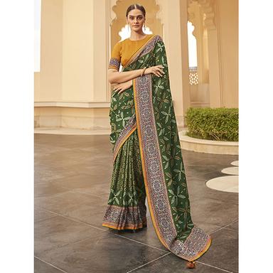 Casual Womens Tussar Silk Green Printed Saree With Blouse Piece