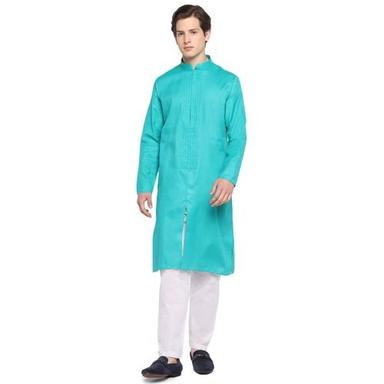 Blue Solid Cotton Blend Mens Semi Casual Kurta With Full Sleeves