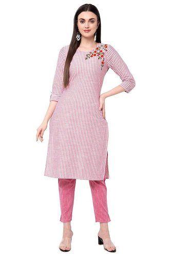 Pink Round Neck Style Women'S Cotton Printed And Embroidered Kurti With Pant Set
