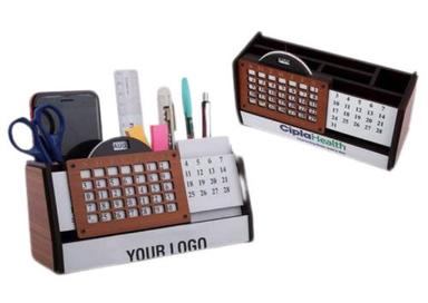 Wood Wooden Lifetime Calendar With Pen Holder Mobile Holder, Card Holder And Writing Pad Holder | Branding Included 