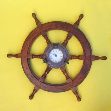 Wooden ship wheel iron porthole clock