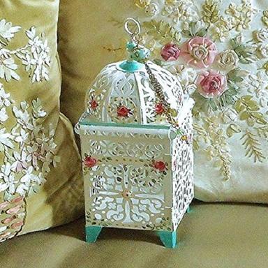 Decorative White Metal Filigree Candle Lantern Holder with Hand Painted Roses and Dangling Tassel