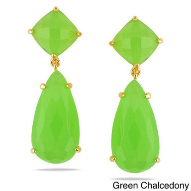 Pear Green Chalcedony Prong Set Gemstone Drop Set Earring - Gold Plated Earrings For Women