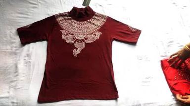 Indian Solid Women High Neck Maroon T-Shirt  Hand Painted