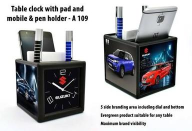 Black Table Clock With Pen Holder