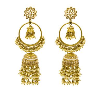White Traditional Gold Plated Antique Jhumki Ad Earrings For Women And Girls