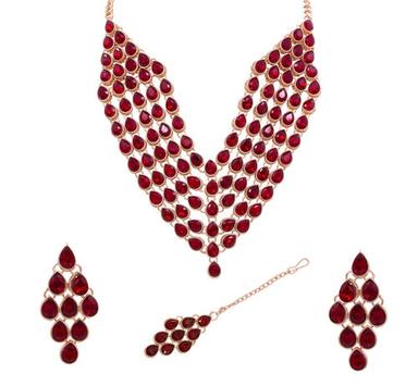 Maroon Rose Gold Plated Multi Line Necklace Set For Ladies