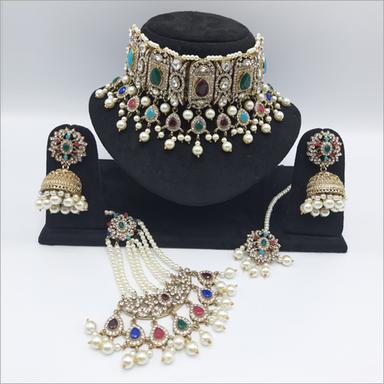 Multicolour Pakistani Jewellery Necklace with Earrings, Maangtikka and Passa
