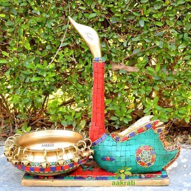 Yellow Antique Aakrati Intricate Swan Figurine Hurli With Turquoises Stone Ideal For Bedroom/Living Room Decor