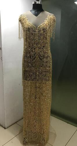 Gold Designer Crystal Work Beaded Front And Back Panel Fabric Dress For Women