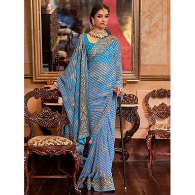 Casual Womens Georgette Blue Embellished Designer Saree With Blouse Piece