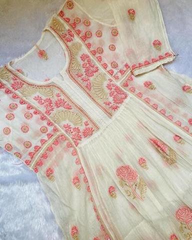 Lucknowi Chikan Mul Chanderi Semi Stitched Ladies Gown With Dupatta