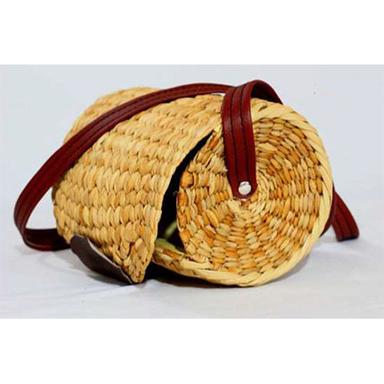 Brown Water Reed Cylindrical Bag With Pu Handle