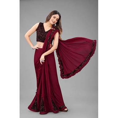 Mahroon Maroon Ready To Wear Lycra Blend Embellished Sari With Unstiched Blouse