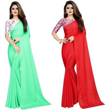 Casual Dark Green And Red Chiffon Solid-Plain Pack Of 2 Sari With Unstiched Blouse