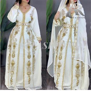 White Royal Moroccan Dubai Kaftan Arabic Abaya Hand Beaded Caftan