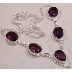 Metal Necklace With Dye Ruby Color Stone