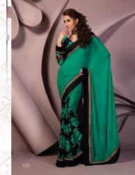 Magnificient Green Sattan Saree Design