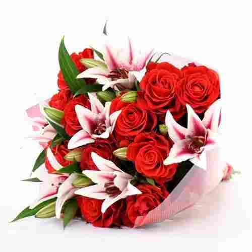 12 Red Roses And 6 Pink Lilies Flower Bouquet