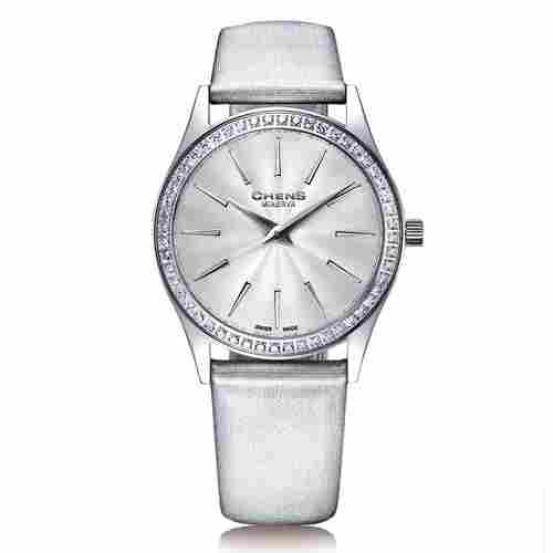 Satin Strap Silver-Tone Diamond Women Watch