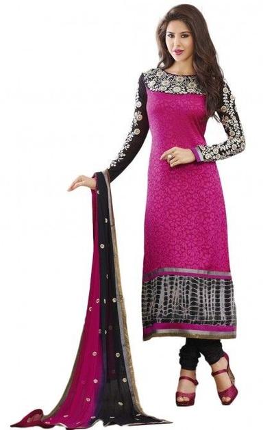 Pink+Black Art Silk+Gerogette Brasso Semi stiched Suit