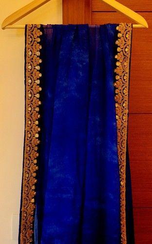 Blue Tie And Dye Chiffon Saree With Golden Aari And Sequin Work On Blue Velvet Border