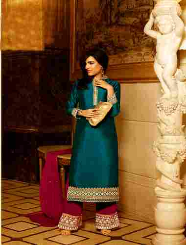 Dark Cyan And Pink Heavy Embroidery Straight Suit