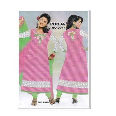 Pooja Pink & Green Brasso Cotton Embroidered Long Suits