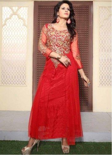 Enchanting Red Net Zari Work Designer Gown