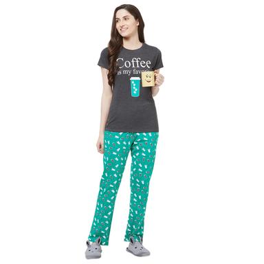 Charcoal And Turquoise Evolove Women Printed Pajama T Shirt Sets