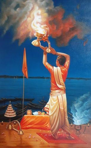 Smooth Finishing Ganga Aarti Painting Size: Various Sizes Are Available