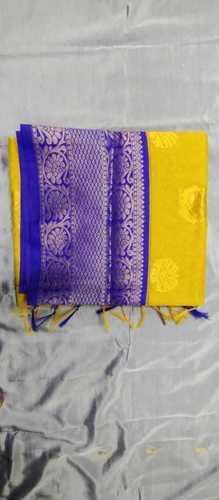 Cotton Silk Party Wear Blue Broad Border With Yellow Saree For Women