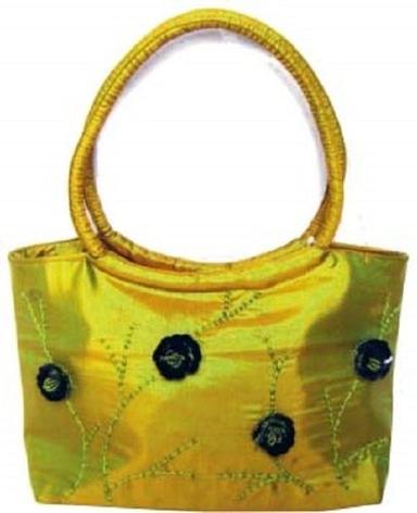 Yellow Very Spacious And Designer Poly Silk Embroidery Bag With Zipper Closure