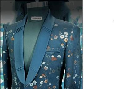 Blue Printed Mens Party Wear Cotton Tuxedo Suits With Elegant Design And Lapel Collar Size: Customized