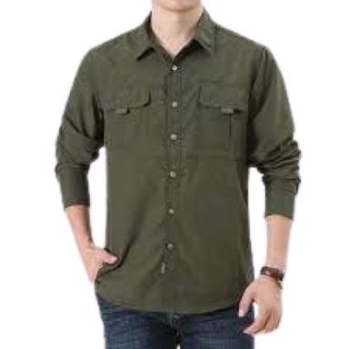 Dark Green Men Plain Pattern Full Sleeve Breathable Straight Collar Pure Cotton Shirt