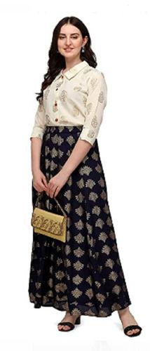 Blue And White Ladies Ankle Length Printed Casual Wear Cotton Long Skirts