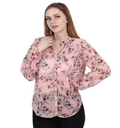 Peach Skin-Friendly Collar Neck Full Sleeve Party Wear Printed Chiffon Top 