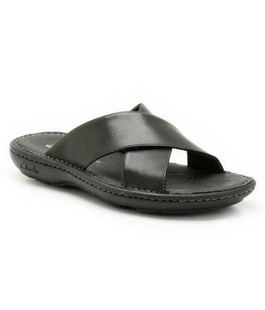 Black Daily Wear Genuine Leather Slip On Sandal For Men