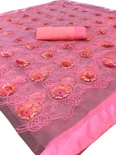 Pink Ladies Skin Friendly Casual Wear Thread Work Net Saree With Blouse Piece