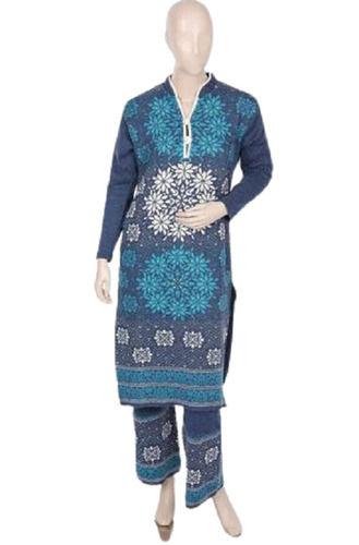Blue Full Sleeve Printed Casual Wear Wool Suit For Ladies