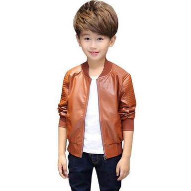 Brown Full Sleeves Zipper Closure Water Proof Plain Leather Jacket For Boys