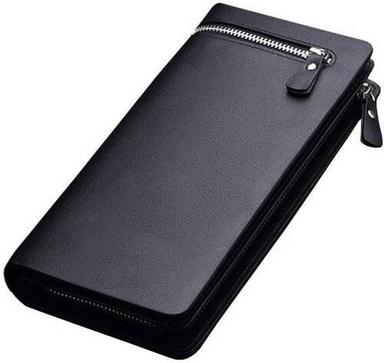 Zipper Closure Lightweight Rectangular Plain Black Pure Leather Unisex Wallet