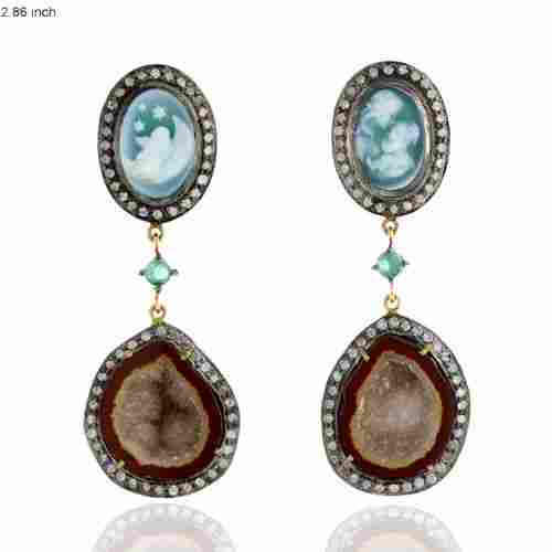 18k Gold Designer Geode Gemstone Wedding Diamond Earrings