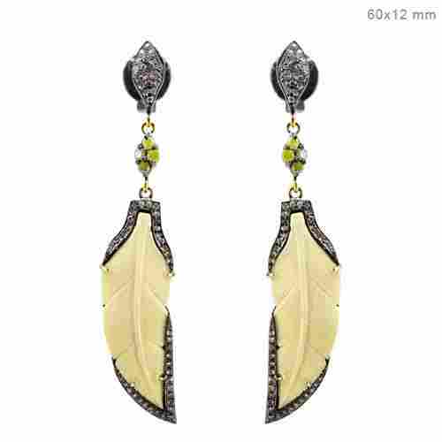 Sliver Diamond Pave Designer Gemstone Carving Earrings