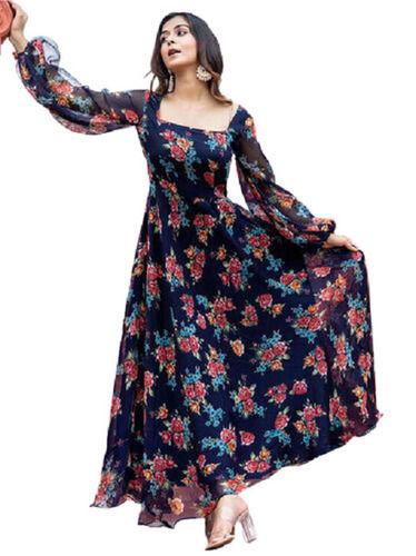 Ladies Party Wear Regular Fit Full Sleeve Deep Neck Printed One Piece Gown