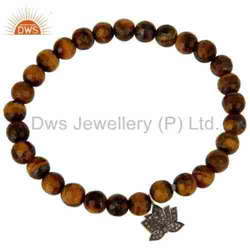 Natural Tiger Eye Gemstone Beads And Flower Design Diamond Charms Bracelet