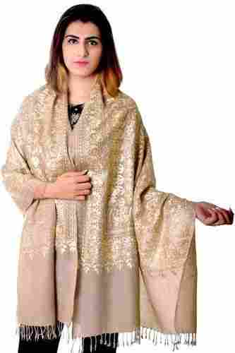Pure Wool Beige Kashmiri Embroidered Shawl for Women