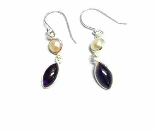 Stylish 925 Sterling Silver Amethyst And Pearl Gemstone Earring