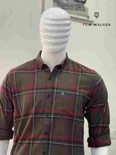 Brown Super Finishing Printed And Excellent Fitting Cotton Checked Shirts For Men